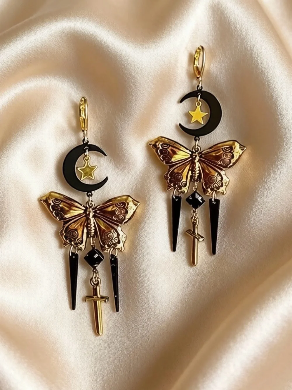 Anthropologie Gold and Black Butterfly Moon Dangle Earrings